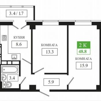 Продается 2-х комнатная квартира, 48,2 м²