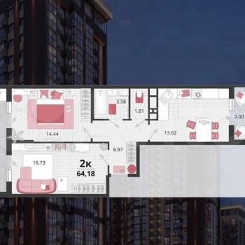 Продается 2-х комнатная квартира, 56,9 м²
