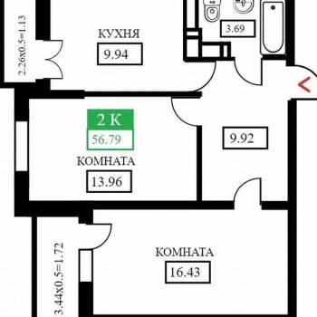 Продается 2-х комнатная квартира, 56 м²