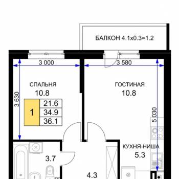 Продается 1-комнатная квартира, 35,92 м²