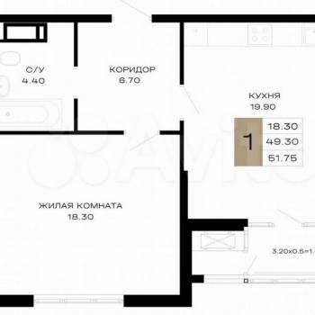 Продается 1-комнатная квартира, 51,8 м²