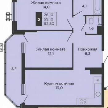 Продается 2-х комнатная квартира, 57,8 м²