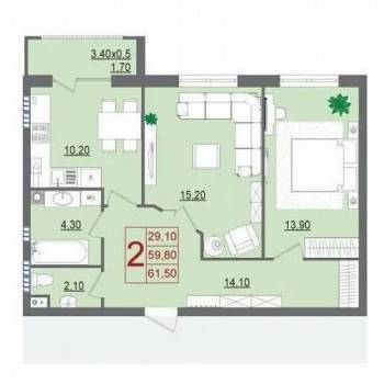 Продается 2-х комнатная квартира, 60,6 м²
