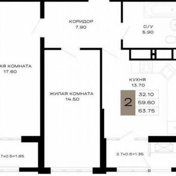 Продается 2-х комнатная квартира, 59,6 м²