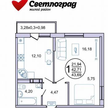 Сдается 1-комнатная квартира, 43 м²
