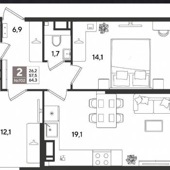 Продается 2-х комнатная квартира, 64,3 м²