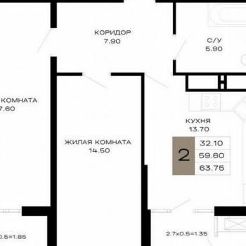 Продается 2-х комнатная квартира, 59,6 м²