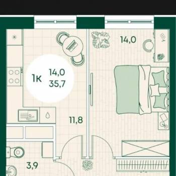 Продается 1-комнатная квартира, 35,7 м²