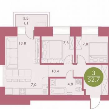 Продается 3-х комнатная квартира, 52,7 м²