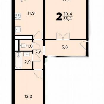 Продается 2-х комнатная квартира, 54,9 м²