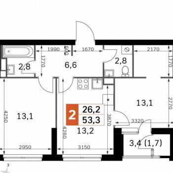 Сдается 2-х комнатная квартира, 53,3 м²