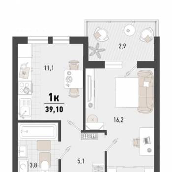 Продается 1-комнатная квартира, 39,9 м²