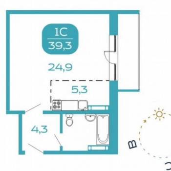 Продается 1-комнатная квартира, 39,3 м²