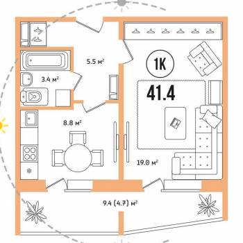Сдается 1-комнатная квартира, 36,7 м²