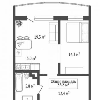 Продается 1-комнатная квартира, 56,8 м²
