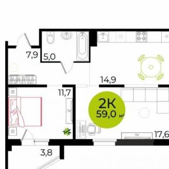 Сдается 2-х комнатная квартира, 58,6 м²