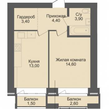 Продается 1-комнатная квартира, 39,3 м²