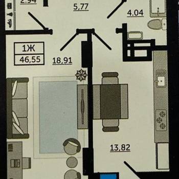 Продается 1-комнатная квартира, 46,6 м²