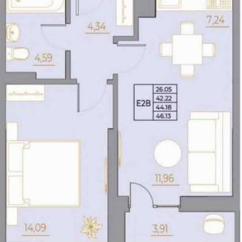 Продается 1-комнатная квартира, 46,1 м²