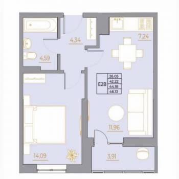 Продается 1-комнатная квартира, 46,1 м²