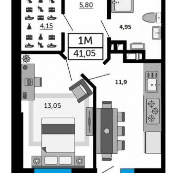 Продается 1-комнатная квартира, 41,1 м²