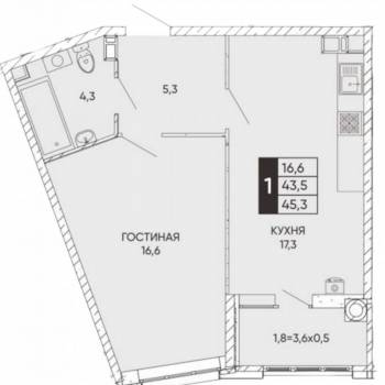 Продается 1-комнатная квартира, 45,3 м²