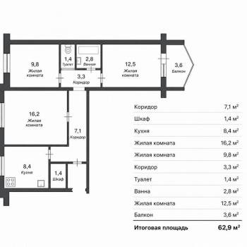 Продается 3-х комнатная квартира, 62,9 м²