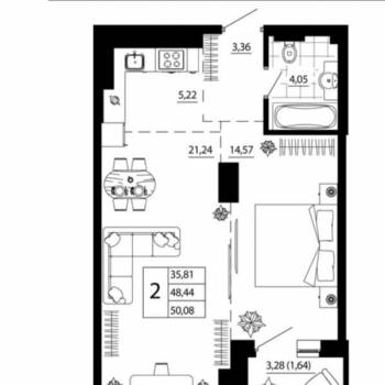 Продается 1-комнатная квартира, 47,3 м²