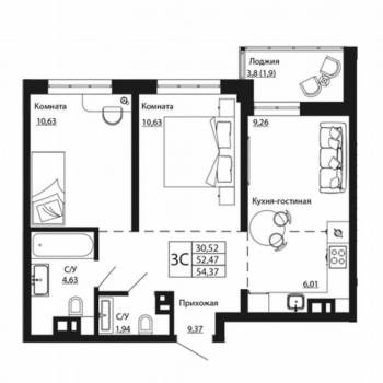 Продается 2-х комнатная квартира, 51,5 м²