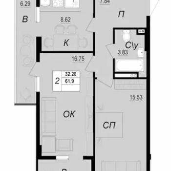 Продается 2-х комнатная квартира, 62 м²