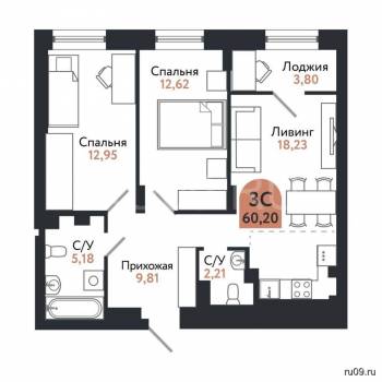 Продается 3-х комнатная квартира, 60 м²