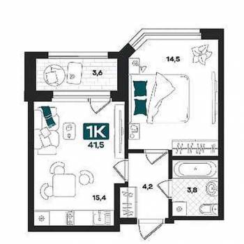 Продается 1-комнатная квартира, 41,5 м²