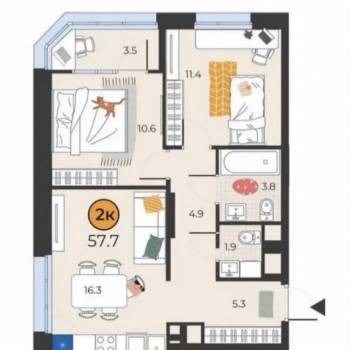 Продается 2-х комнатная квартира, 58 м²