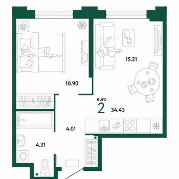 Сдается 1-комнатная квартира, 34,4 м²