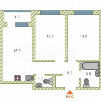 Продается 2-х комнатная квартира, 57 м²