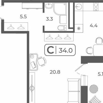Продается 1-комнатная квартира, 33,8 м²