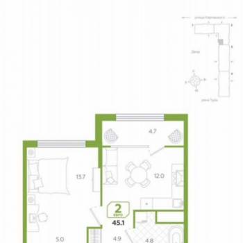 Продается 2-х комнатная квартира, 45,1 м²